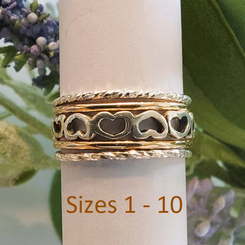 Heart & Thin Bands & Glitters 5-Ring Set (Sterling Silver & 14K Gold-Fill)