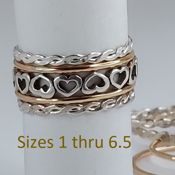 Heart & Thin Bands & Thin Braids 5Ring Set (Sterling Silver & 14K Gol