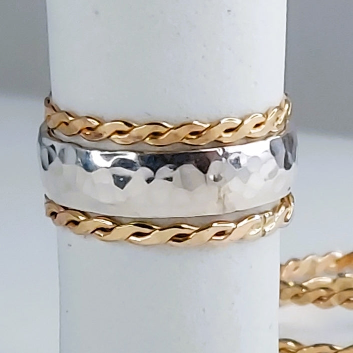 Bold Hammered Band & Thin Braids (Sterling Silver & 14K GoldFill